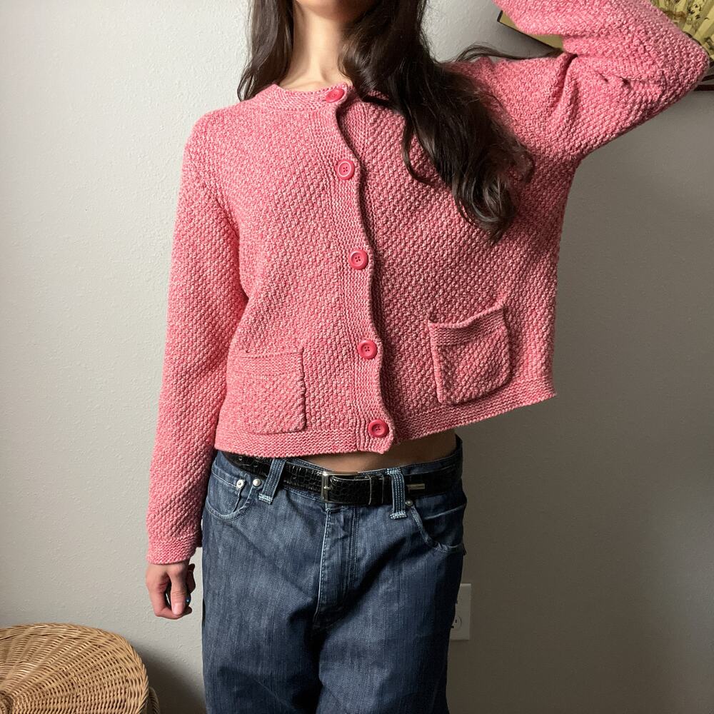 uniqlo pink cotton chunky knit boxy fit button pocket cardigan sweater